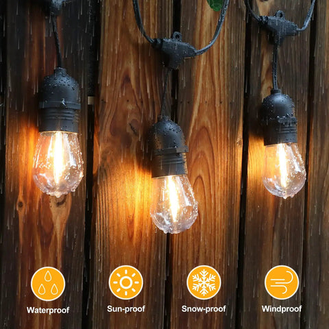 96 Ft LED Outdoor String Lights With Shatterproof S14 Bulbs Waterproof Patio Lighting Dimmable Edison Style Bulbs on wooden wall
