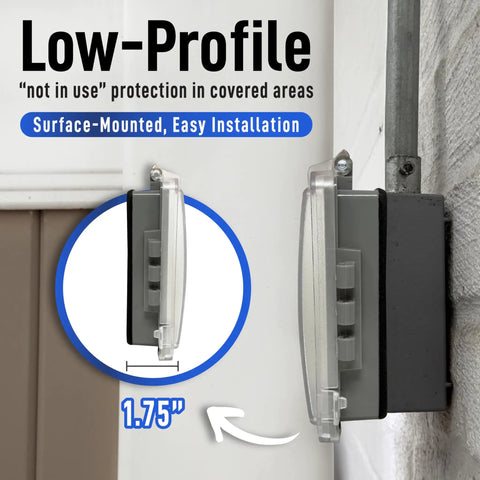 Lockable Weatherproof 1 Gang Outdoor Outlet Cover With Slim Low Profile Design, Plastic Construction, side view installation