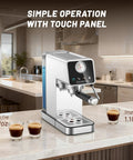 Real Deal 20 Bar Espresso Machine With Lightning Fast Milk Frother And Semi Automatic Setup Featuring A Responsive Touchscreen And Pressure Gauge Within A Compact Stainless Steel Frame For Smooth Crema Shots At Home Or The Office In Silver positioned on a countertop with double and single espresso shots.