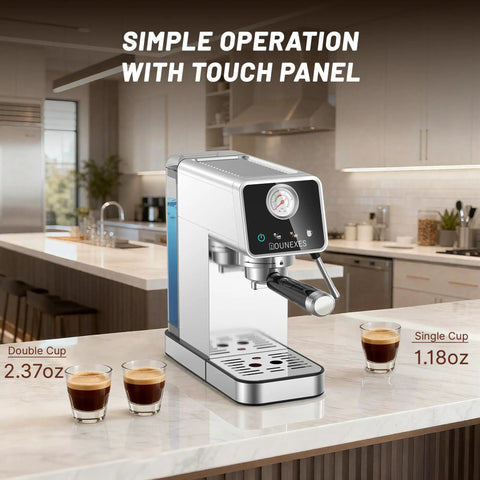 Real Deal 20 Bar Espresso Machine With Lightning Fast Milk Frother And Semi Automatic Setup Featuring A Responsive Touchscreen And Pressure Gauge Within A Compact Stainless Steel Frame For Smooth Crema Shots At Home Or The Office In Silver positioned on a countertop with double and single espresso shots.