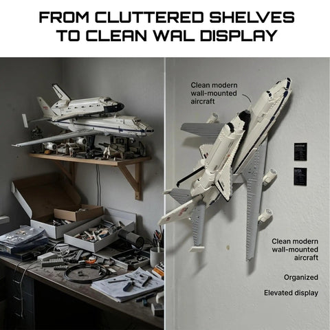 Lego Shuttle Carrier Aircraft 10360 Wall Mount Space Saving Display Bracket showing clutter-free wall display solution.