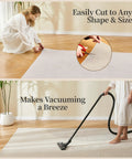 Woman cutting and vacuuming with Rug Pad Gripper 5X Non Slip Power Grip For Area Rugs On Hardwood Floors And Carpets Anti Skid Cushion.