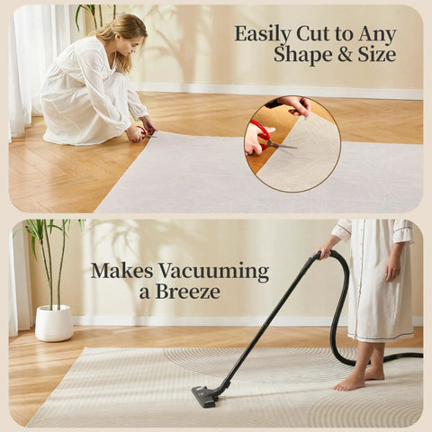 Woman cutting and vacuuming with Rug Pad Gripper 5X Non Slip Power Grip For Area Rugs On Hardwood Floors And Carpets Anti Skid Cushion.
