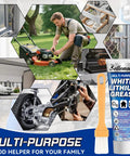 Collage showcasing uses of White Lithium Grease Multi Purpose Lubricant With Brush for hinges, bearings, gears, garage doors.