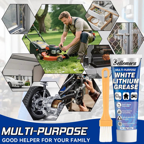 Collage showcasing uses of White Lithium Grease Multi Purpose Lubricant With Brush for hinges, bearings, gears, garage doors.