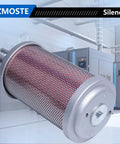Exhaust Silencer For 1-1/4 Inch NPT Male Interface with durable metal housing, shown in industrial setting for air compressors.