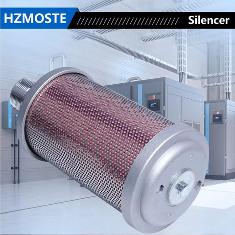 Exhaust Silencer For 1-1/4 Inch NPT Male Interface with durable metal housing, shown in industrial setting for air compressors.
