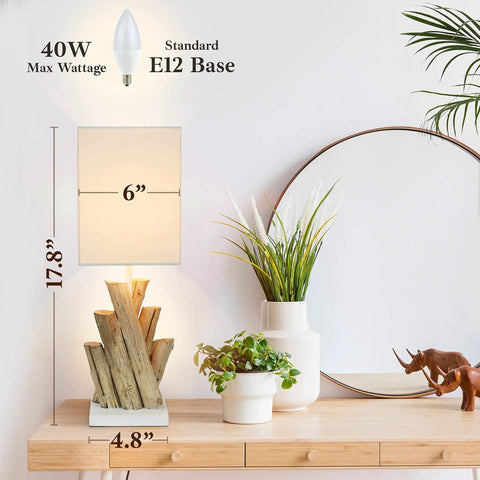 Reclaimed Wood Modern Rustic Table Lamps Set Of 2 Light Grey Bedside Lamps on wooden dresser with round mirror and plants.
