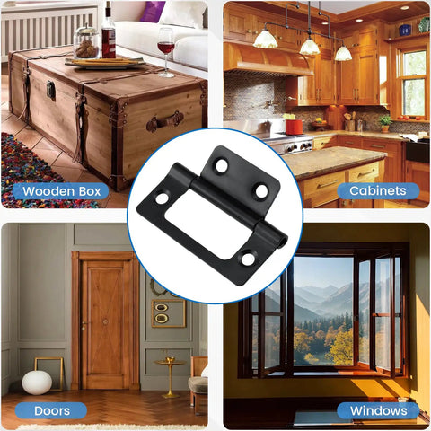 Rock Solid Four Pack Black Non Mortise Butt Hinges With Mounting Screws For Furniture And Window Frames Offering No Sweat Setup And Dang Tough Iron Build In Two Inch Size displayed with wooden box, cabinets, doors, and windows