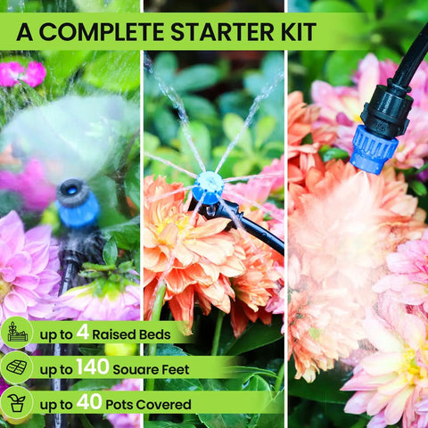 Drip Irrigation System 230Ft Garden Watering Kit With Quick Connect Fittings spraying flowers in garden.