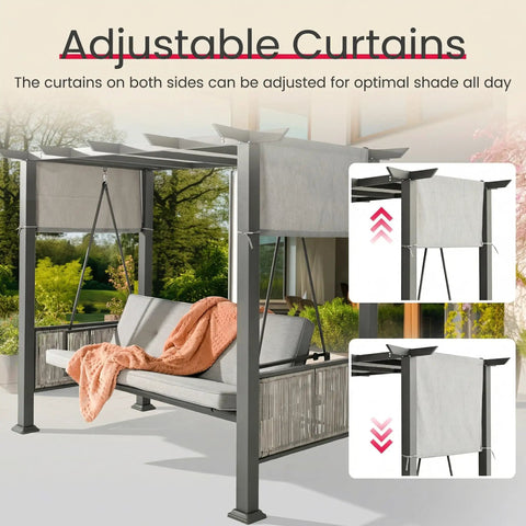 2 In 1 Convertible Porch Swing Bed For Three With Wicker Armrests And Adjustable Canopy, featuring adjustable curtains