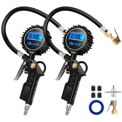 Two Pack Digital Tire Inflator With Pressure Gauge And Backlit Display, 250 PSI Air Chuck Kit, Rubber Hose, Quick Connect