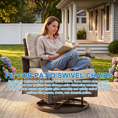 Woman reading in patio swivel chair with 64 Pack Rubber Stem Bumper Glides For 1/4 Inch Mounting Hole Replacement Chair Glides.