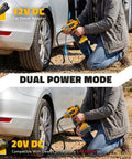 No Fuss Cordless Tire Inflator Workhorse With Blazing Fast Airflow and Totally Foolproof Digital Gauge Auto Shut Off, showing dual power modes.