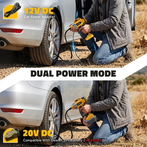 No Fuss Cordless Tire Inflator Workhorse With Blazing Fast Airflow and Totally Foolproof Digital Gauge Auto Shut Off, showing dual power modes.