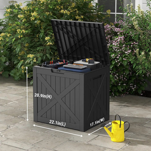 31 Gallon Barn Style Outdoor Deck Box Waterproof Storage Chest With Lockable Lid on patio, dimensions shown.