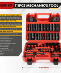 111-Piece Mechanics Tool Set With Metric 8-15mm And SAE Five Sixteenths To Three Quarters Inch Sockets, in red carry case.