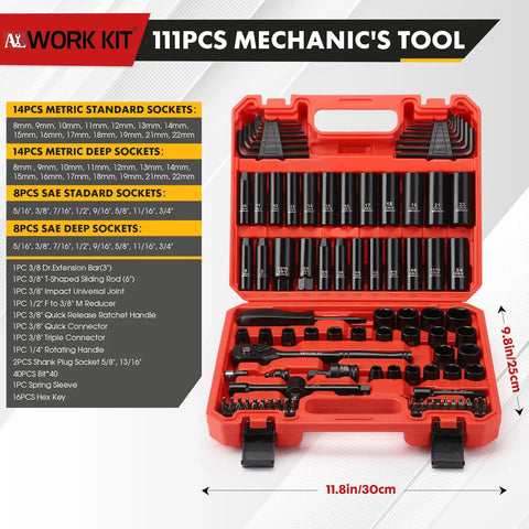 111-Piece Mechanics Tool Set With Metric 8-15mm And SAE Five Sixteenths To Three Quarters Inch Sockets, in red carry case.