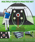 Man using 10x7 Foot Golf Net With Practice Mat Hitting Aid For Backyard Driving Chipping And Swing Training Bullseye Target