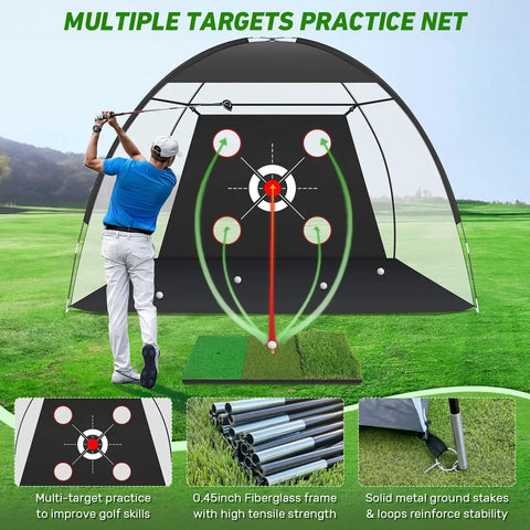 Man using 10x7 Foot Golf Net With Practice Mat Hitting Aid For Backyard Driving Chipping And Swing Training Bullseye Target