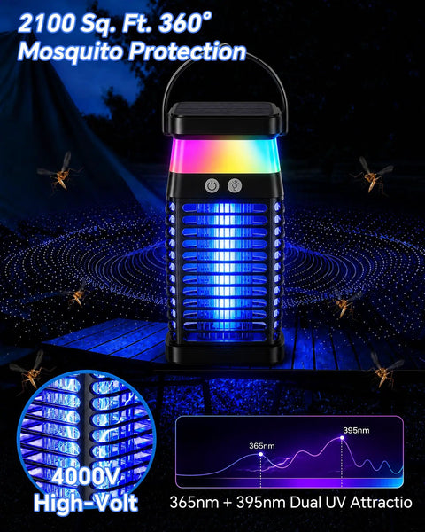Solar Powered 3 In 1 Mosquito Zapper With Flickering Flame And RGB Light Totally Cordless Waterproof Bug Repellent For Backyard Camping