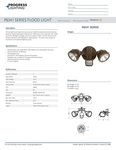 Beefy Outdoor Flood Light With Motion Sensor, 1000 Lumens White, 2-head LED fixture on product specification sheet