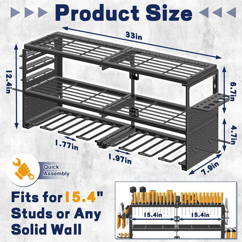 Heavy Duty Wall Mount Tool Organizer Rack For Garage 3 Tier Metal Shelf With 8 Drill Holders 300 lb capacity