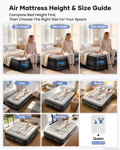 Queen air mattress with built-in pump, 18-inch height, inflatable blow-up bed size guide for home or camping.