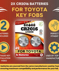 Hassle Free CR2016 Key Fob Batteries For Toyota Remote Controls 2 pack image showing CR2016 batteries with toyota key fob compatibility.
