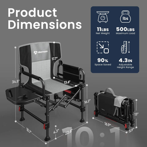 Foldable Camping Director Chair With Adjustable Height, Built Tough Oversized Seat, Side Table And Storage Pocket dimensions
