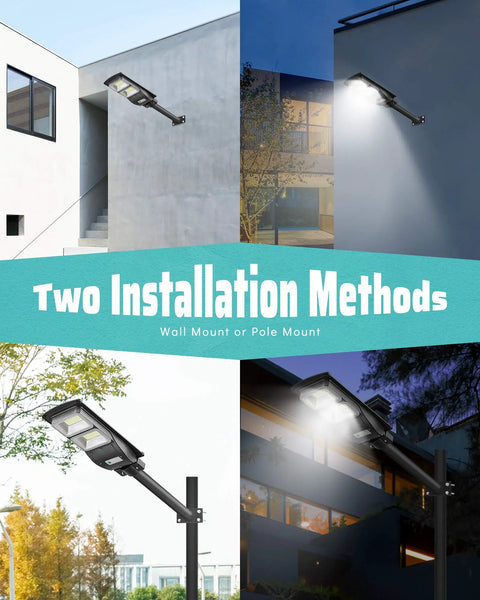 2 Pack 2400W Solar Powered Street Lights With 6000K LED installed on wall and pole mounts for outdoor security lighting.
