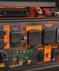 Close-up of Rock Solid 13000 Watt Tri Fuel Inverter Generator control panel showing meters and circuit breakers.