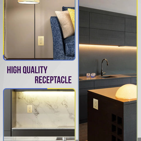Elite Decorator Receptacle Outlet With Tamper Resistant Self Grounding 15A 125V Gold Finish UL Listed Wall Plate in living room and kitchen