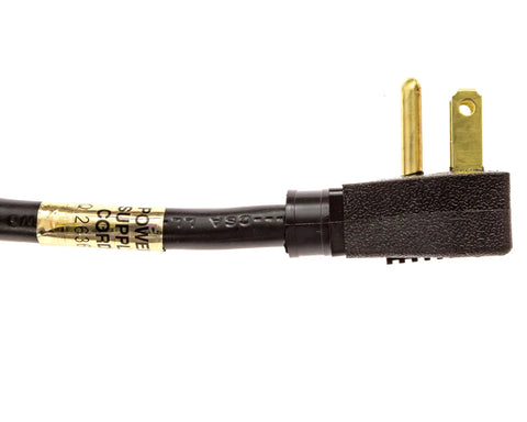 Top Shelf 10 Ft Coiled Replacement Power Cord With 3 Prong Sjt 14/3 Wire And Right Angle Plug UL Certified USA built heavy duty black cable close-up.