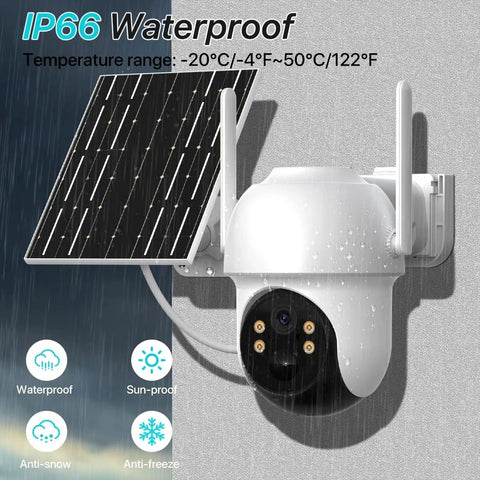 Heavy Duty 4Mp Outdoor Wifi Ptz Security Ip Camera With Smooth 6X Optical Zoom Solar Panel Charging Built In Battery mounted with solar panel.