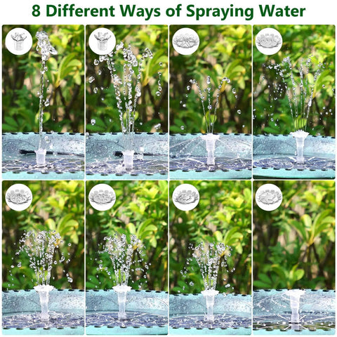 Colorful LED Solar Fountain Pump With 3000mAh Battery Remote Control 8 Nozzles Quiet Operation Outdoor Garden Pond Bird Bath Water Feature For Dope Nighttime Glow demonstrating water spray patterns.