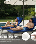 72 x 21 Inch Outdoor Chaise Lounge Cushions Set of 2 With Removable Covers 4-Section Design Water Repellent And Fade Resistant 6 Tie Straps Replacement For Patio And Pool Chairs In Navy, shown on poolside loungers.