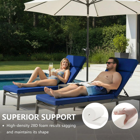 72 x 21 Inch Outdoor Chaise Lounge Cushions Set of 2 With Removable Covers 4-Section Design Water Repellent And Fade Resistant 6 Tie Straps Replacement For Patio And Pool Chairs In Navy, shown on poolside loungers.