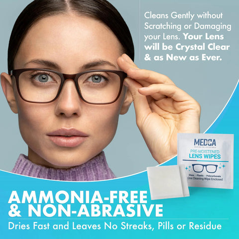 Medica Premoistened Lens Wipes package (100 wipes) for glasses and devices; ammonia-free, non-abrasive.