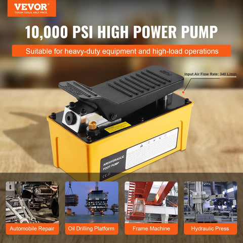 10,000 PSI Air Hydraulic Pump With Aluminum Shell, Foot Treadle Actuated, 0.42 Gal Reservoir, NPT 3/8 Inch Outlet, NPT 1/4 Inch Inlet, Beefy Shop Ready Auto Repair Frame Machine And Hydraulic Press Workhorse