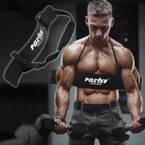 Man using Arm Blaster For Biceps And Triceps Isolation Dumbbell And Barbell Curl Support To Lock Your Elbows Improve Form