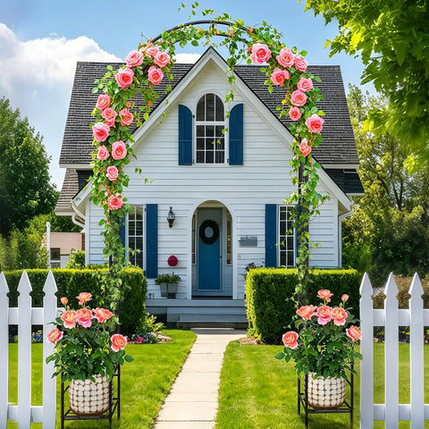 8 Foot Metal Garden Arch Trellis With Planter Boxes For Climbing Plants Outdoor Rust Resistant Backdrop Stand For Weddings Parties And Garden Decor Heavy Duty Pergola decorated with pink roses and greenery in front of a house