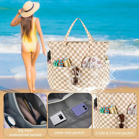 Large Beach Tote Bag For Women Waterproof And Sandproof With Zipper And Wet Pocket at beach with inner pockets visible