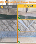 Before and after using Self Leveling Concrete Crack Filler 4 Pack, showing cracks sealed on concrete patio and walkway.