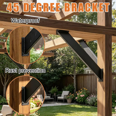 12 Pack 45 Degree Angle Support Brackets For Pergola And Gazebo Frames, Heavy Duty Carbon Steel With Black Powder Coat, Rust Proof Outdoor Connector Hardware For Patio Structures, Weather Resistant, Easy DIY Assembly on pergola beams