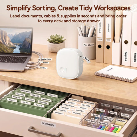 Gotta Love This Straight Up Compact Bluetooth Label Printer With Self Adhesive Tape Wireless Thermal Mini Label Maker on a desk organizing cables and files.