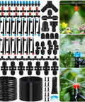 All In One Drip Irrigation Kit For Garden And Greenhouse With One Half And One Quarter Inch Tubing, Easy Install Quick Connectors shown