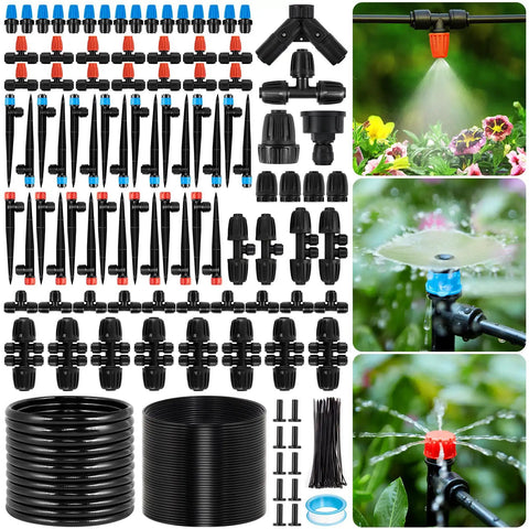 All In One Drip Irrigation Kit For Garden And Greenhouse With One Half And One Quarter Inch Tubing, Easy Install Quick Connectors shown