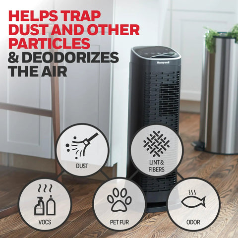 Honeywell purifier showing Odor And Gas Reducing Pre Filter 2 Pack For QuietClean And AirGenius Purifiers with feature icons