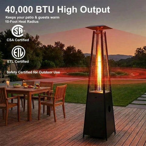 Propane Patio Heater With Reflector Shield And Wheels 40000 BTU Quartz Glass Tube Outdoor Heater in backyard setting at sunset
